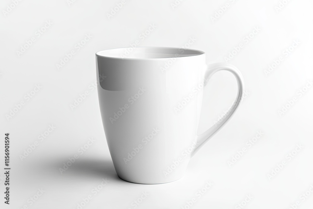 A white ceramic coffee mug featuring a handle is placed on a white surface A white ceramic coffee mug featuring a handle is placed on a white surface