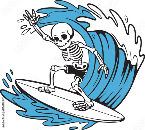 Illustration of cute skeleton surfing wave