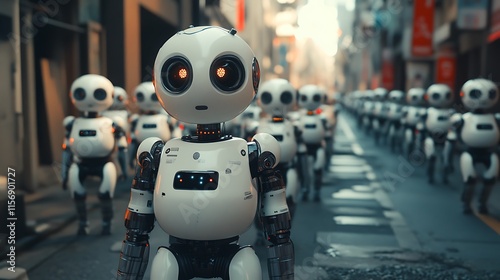 Wallpaper Mural Digital Painting: A Strikingly Realistic Depiction of Robots Marching Through a Futuristic Cityscape. AI Generated Torontodigital.ca