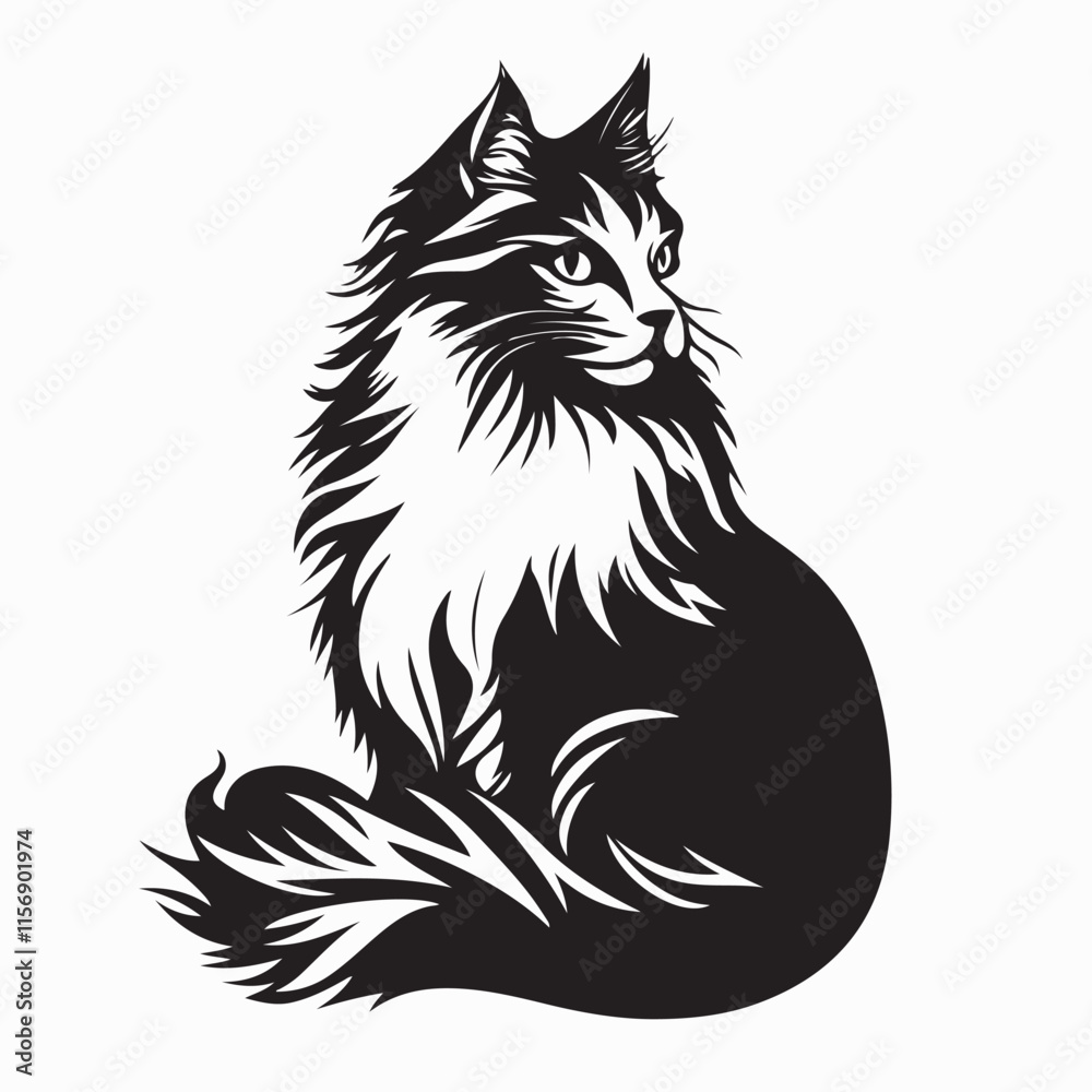 Fototapeta premium Black and white Norwegian Forest Cat Vector Image isolated on white background.
