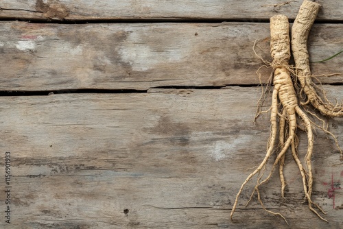 Panax Ginseng: Herbal Medicine Root on Vintage Wooden Background photo