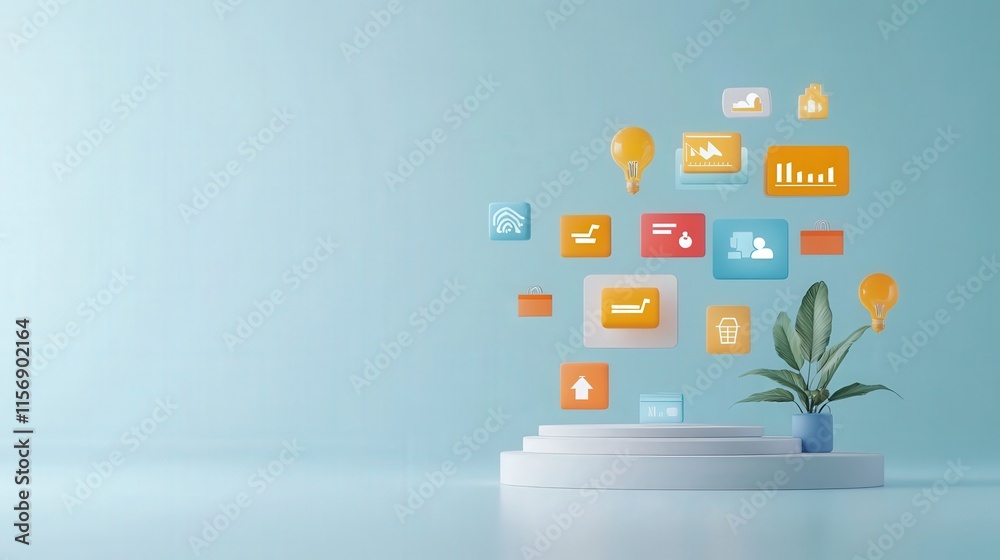 A 3D render of AI innovating e-commerce product displays in a holographic interface isolated white background