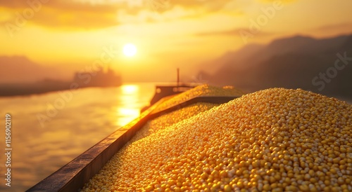 Cargo ships loaded with dried corn at the port. This gives an idea of ​​world trade and import or export. And encourages the transportation of goods by sea.