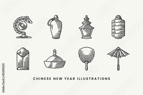 chinese dragon gong, pottery, pagoda, lantern, envelope, hat, handle fan, umbrella doodle line art style illustration element designs collection for chinese lunar new year merchandise and decoration