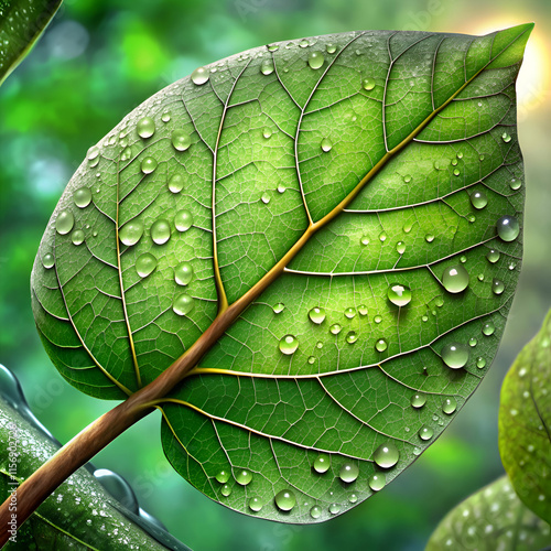 A Single Green Leaf Covered in Dew Drops.