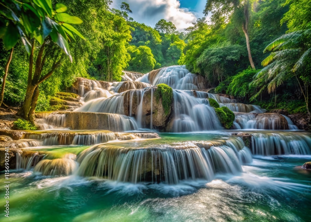 Obraz premium Dunns River Falls Jamaica: Cascading Water, Lush Tropical Paradise, Candid Photography Stock Photo