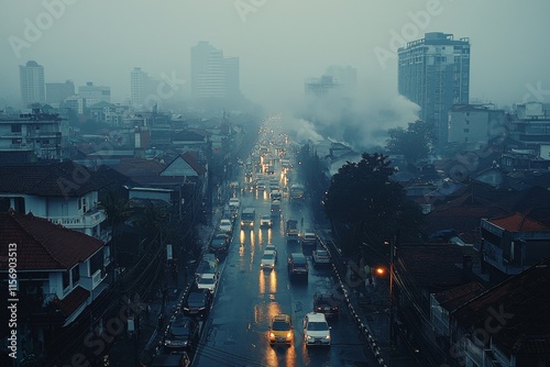 Air pollution in crowded city full of fog and smoke photo