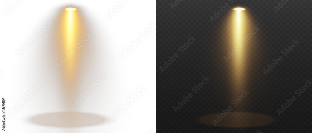 Golden spotlight shines on transparent background. Glowing light effect. Scene spotlight on stage. Spotlight PNG. Vector lights: source, studio, walls. PNG file.