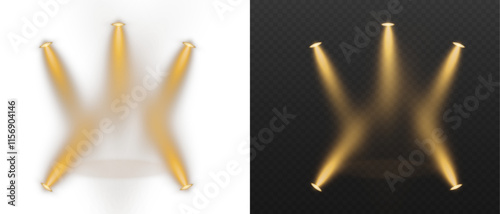 Golden spotlight shines on transparent background. Glowing light effect. Scene spotlight on stage. Spotlight PNG. Vector lights: source, studio, walls. PNG file.