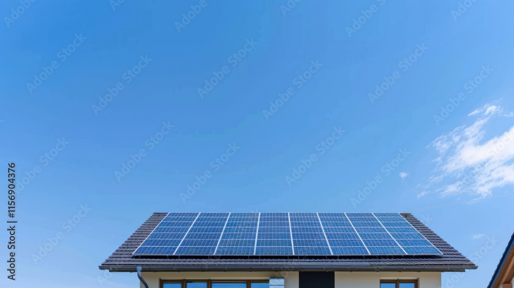 Solar panels on house roof against blue sky.