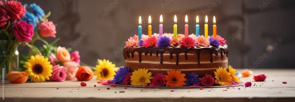 Naklejka premium Colorful birthday cake with candles and vibrant flowers, flowers, candles