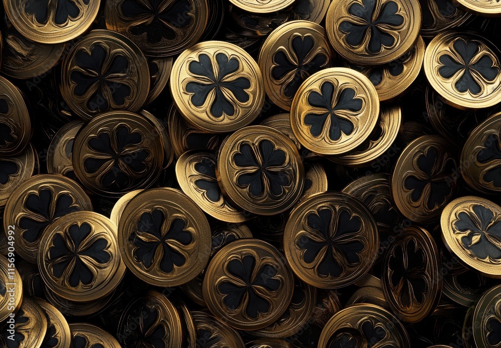 Fototapeta premium Captivating Close-Up of Gold Coins with Intricate Designs Showcasing a Unique Pattern of Four-Leaf Clovers, Ideal for Financial and Decorative Themes