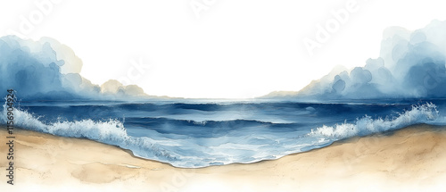 Serene Coastal Watercolor: Tranquil ocean waves gently lapping on a sandy shore, painted in calming shades of blue and beige.  A picturesque watercolor landscape perfect for relaxation and serenity. 