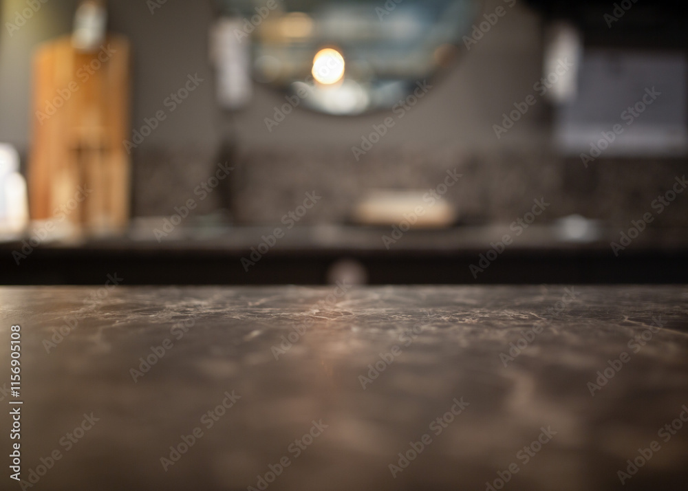 Close up of kitchen countertop with blurred background, shallow depth of field