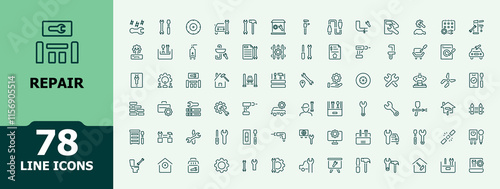Repair icon collection. Related to automobile, work, car, support, wheel, oil, ai, gear. Set of minimalist line pictogram. Vector illustration in modern line style.
