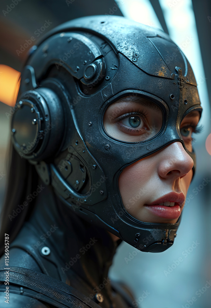 A woman wearing a black helmet with a blue eye. The helmet is metallic and has a shiny appearance A woman wearing a black helmet with a blue eye. The helmet is metallic and has a shiny appearance