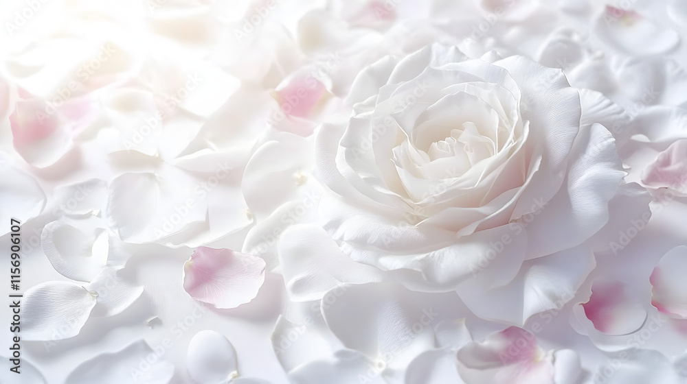 Beautiful white rose and petals on white background. Ideal for greeting cards for wedding, birthday, Valentine's Day, Mother's Day Beautiful white rose and petals on white background. Ideal for greeting cards for wedding, birthday, Valentine's Day, Mother's Day