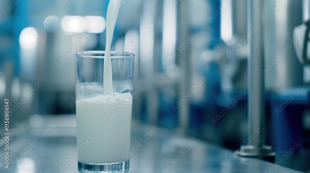 A glass of milk is being filled, showcasing a smooth, creamy texture against a backdrop of industrial equipment. Purity, Nature, Agriculture, Healthy Drinks, Food Safety, Sustainability A glass of milk is being filled, showcasing a smooth, creamy texture against a backdrop of industrial equipment. Purity, Nature, Agriculture, Healthy Drinks, Food Safety, Sustainability