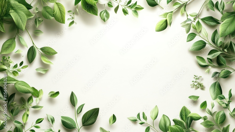 Lush green leaves frame on white background. (1)