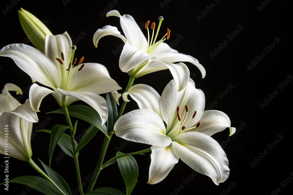 Fototapeta premium Elegant Condolence Card Design: White Lilies on Black Background with Copy Space for Sympathy Message