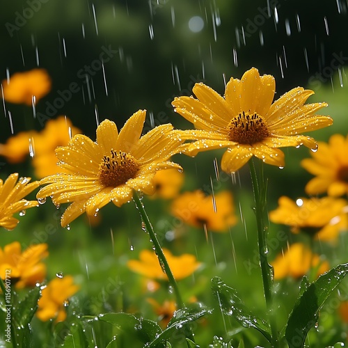 Golden Rain Flowers Raindrops Lush Green Garden Background photo