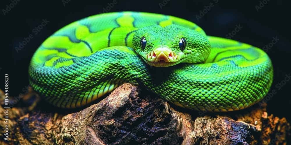 Vibrant Green Snake on a Tree Branch with Bright Scales