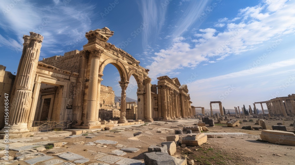 Fototapeta premium Ancient Roman ruins under a vibrant blue sky.