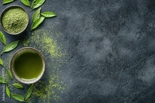 Sencha Tea Leaves. Traditional Japanese Green Tea Ceremony. Background with Matcha Powder and Copy Space photo