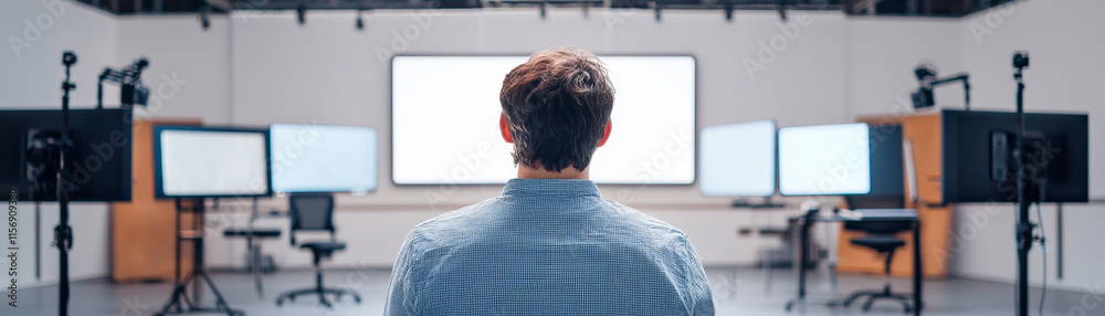 person observing multiple screens in modern workspace, focused on technology and innovation person observing multiple screens in modern workspace, focused on technology and innovation