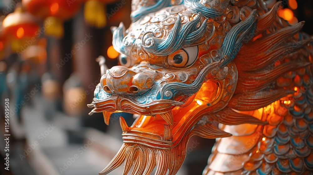 Fototapeta premium A vibrant dragon sculpture with intricate details, illuminated by warm lights.