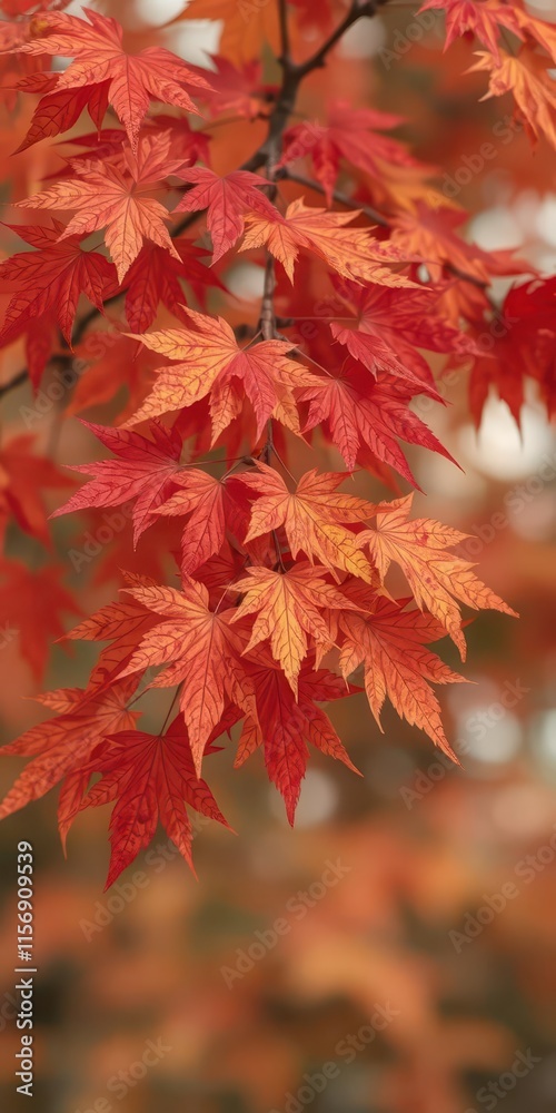 Vibrant red, orange, and yellow maple leaves cluster on a branch against a blurred background, picture,october Vibrant red, orange, and yellow maple leaves cluster on a branch against a blurred background, picture,october
