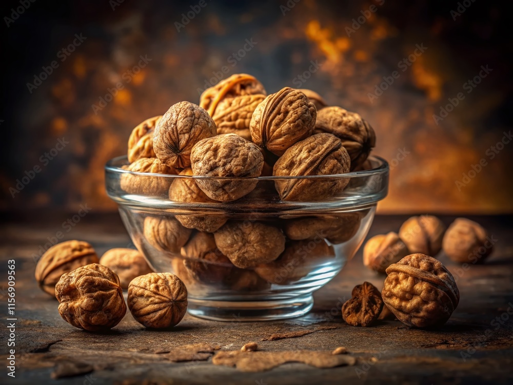 Elegant Walnuts in Glass Bowl: Culinary Food Photography, Recipe Ingredients, Nut Display Elegant Walnuts in Glass Bowl: Culinary Food Photography, Recipe Ingredients, Nut Display