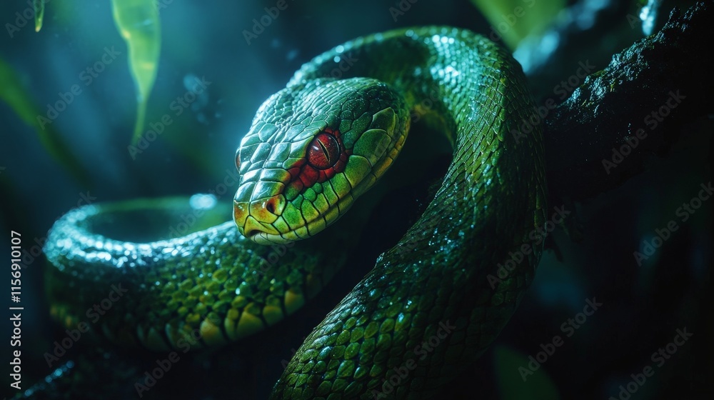 Obraz premium Vibrant Green Snake on a Tree Branch with Bright Scales