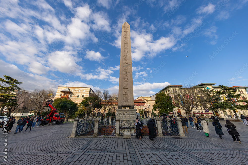 Obelisk of Theodosius and Blue Mosque from Istanbul, Turkey. High quality photo