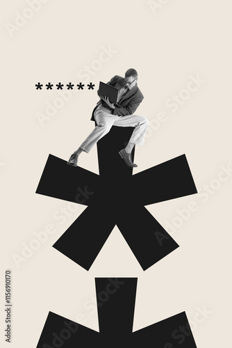 Businessman sitting atop of asterisk symbol and working on laptop. Contemporary art collage. Problem-solving and focus on correct work of project. Concept of business, technologies, security of data