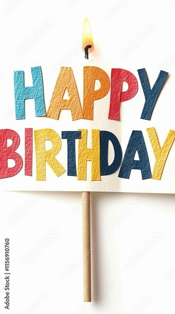 Fototapeta premium Happy Birthday Sign with Candle Flame, Bright Decorative Letters on Wooden Stick for Festive Celebrations and Special Events