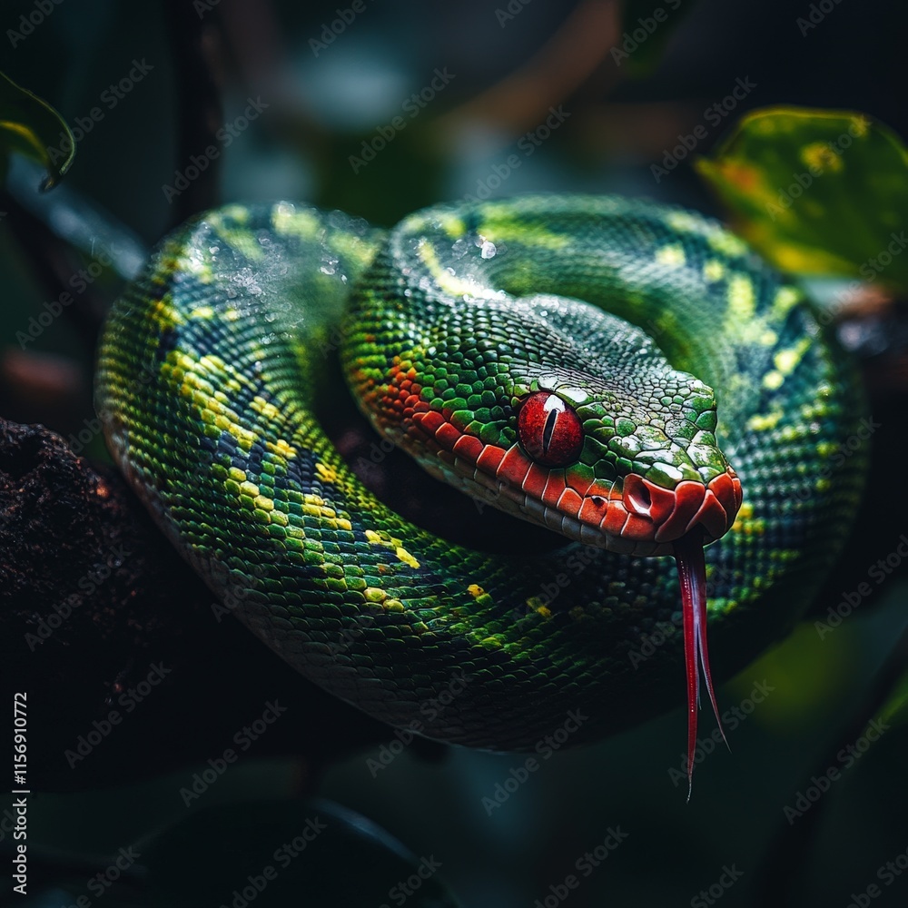 Obraz premium Vibrant Green Snake on a Tree Branch with Bright Scales