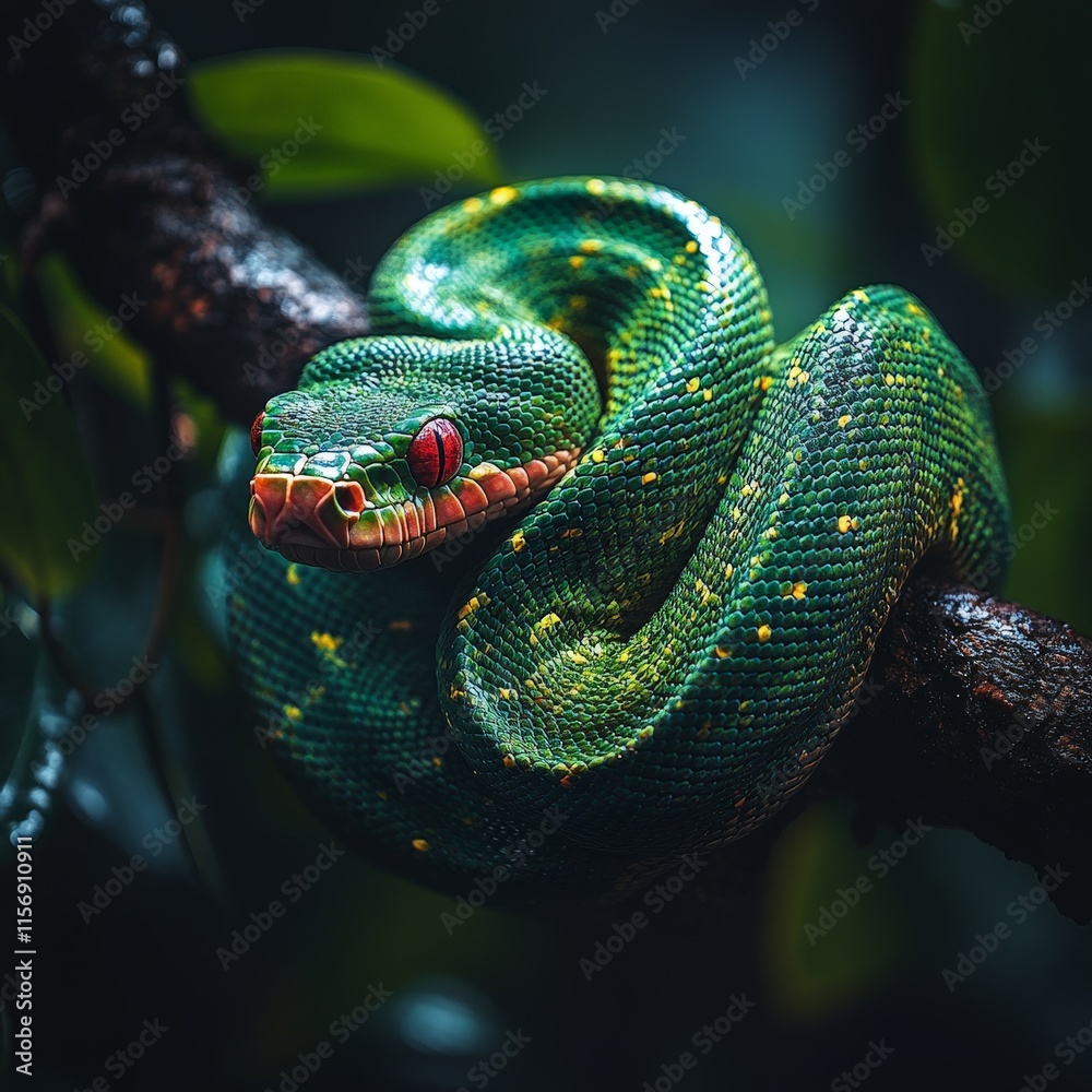 Fototapeta premium Vibrant Green Snake on a Tree Branch with Bright Scales