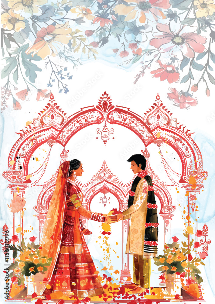 Fototapeta premium wedding invitation card template with romantic floral watercolour