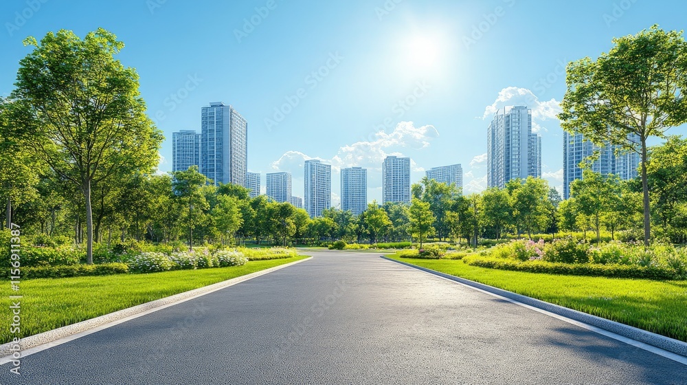 Sunny city park with asphalt road leading to modern highrise buildings. Sunny city park with asphalt road leading to modern highrise buildings.