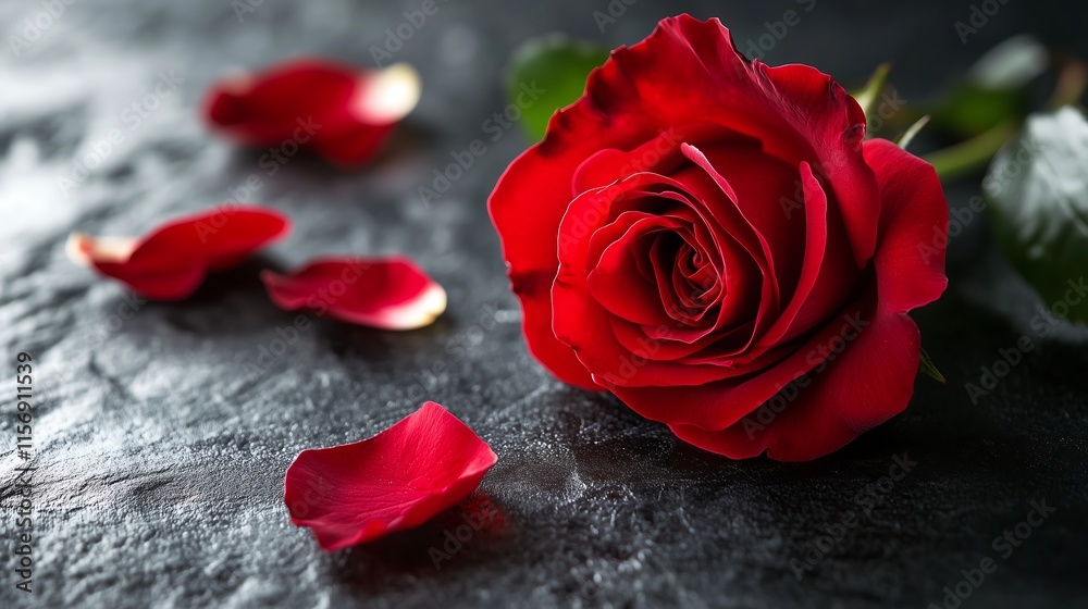 A single red rose with delicate petals and a long green stem, placed gently on a dark. A single red rose with delicate petals and a long green stem, placed gently on a dark.