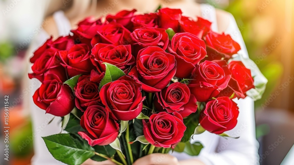 A Beautiful Bouquet of Fresh Red Roses Held by a Person in a Bright Room, Perfect for Romantic Occasions and Flower Arrangements A Beautiful Bouquet of Fresh Red Roses Held by a Person in a Bright Room, Perfect for Romantic Occasions and Flower Arrangements