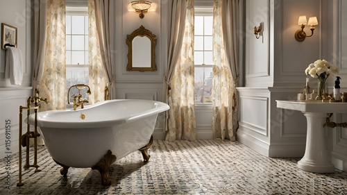 A large white bathtub with gold trim sits in a bathroom with white walls and a white sink. The room is decorated with curtains and a mirror, and there is a vase with flowers on a table