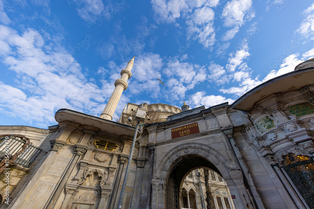 A beautiful view of the Nuruosmaniye Camii, the mosque near the Grand Bazaar in Istanbul, Turkey