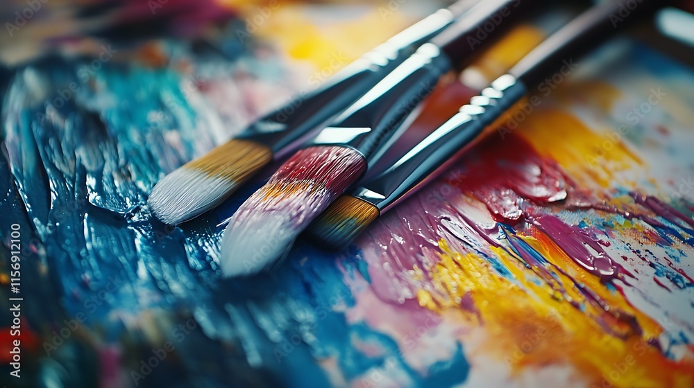 Fototapeta premium Close-up Photo: Vibrantly Painted Artist Brushes Resting on a Colorful Palette. AI Generated