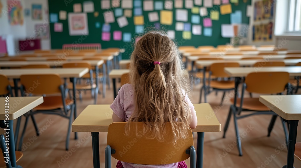 A child sitting alone in a classroom after everyone has left, with empty desks in the background and space for text. A child sitting alone in a classroom after everyone has left, with empty desks in the background and space for text.