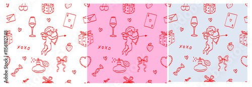 Valentine’s Day Seamless Patterns Set. Hand Drawn Ornament with Cupid, Hearts, Flowers, and Gifts. Romantic Line Art in White, Pink and Blue Colours. Symbols of Love.