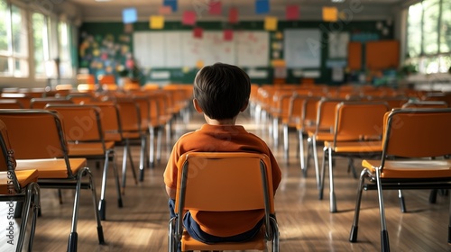 A child sitting alone in a classroom after everyone has left, with empty desks in the background and space for text.