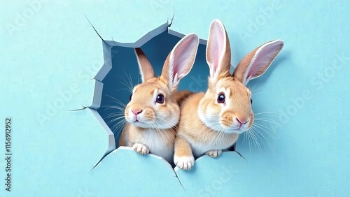 A rabbit peeks out of a hole in a blue wall.