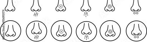 Nose icon set related with nasal. Contains monochrome line vector collection like nasal, smell, organ, breathe, sneeze, sniff and more. Simple outline sign isolated on transparent background.